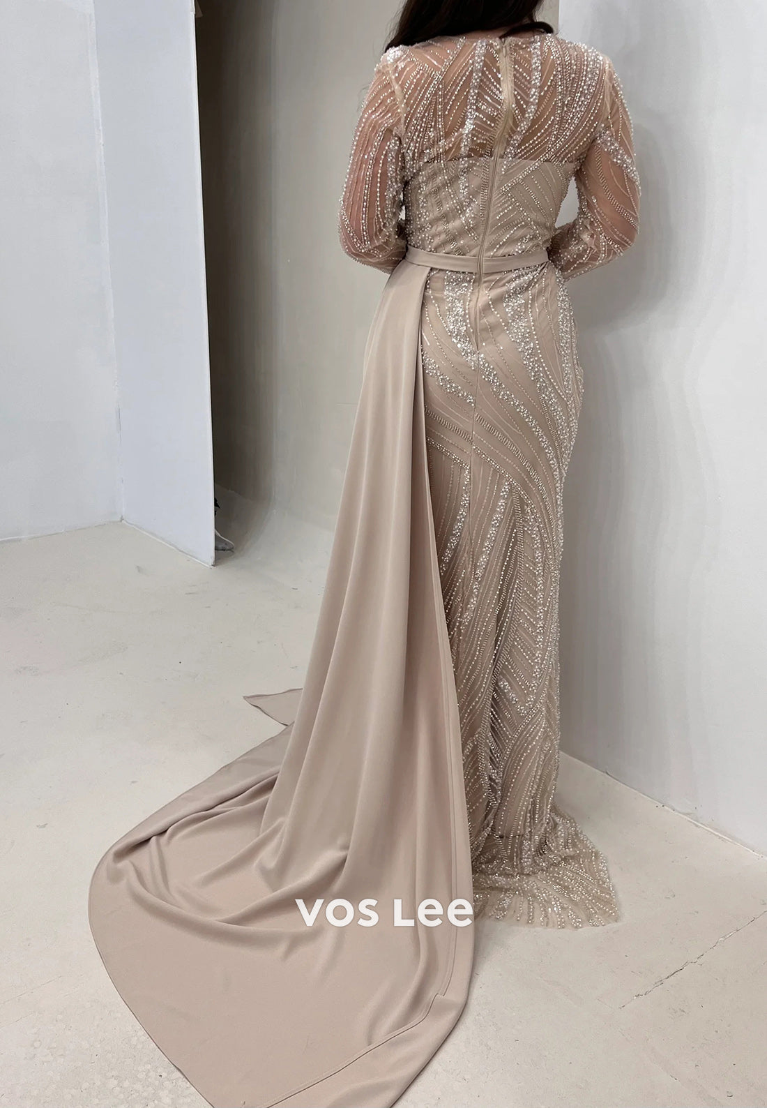 Long Sleeve Illusion Neck Fully Beading Sequins Mermaid Evening Dresses with Sweep Train