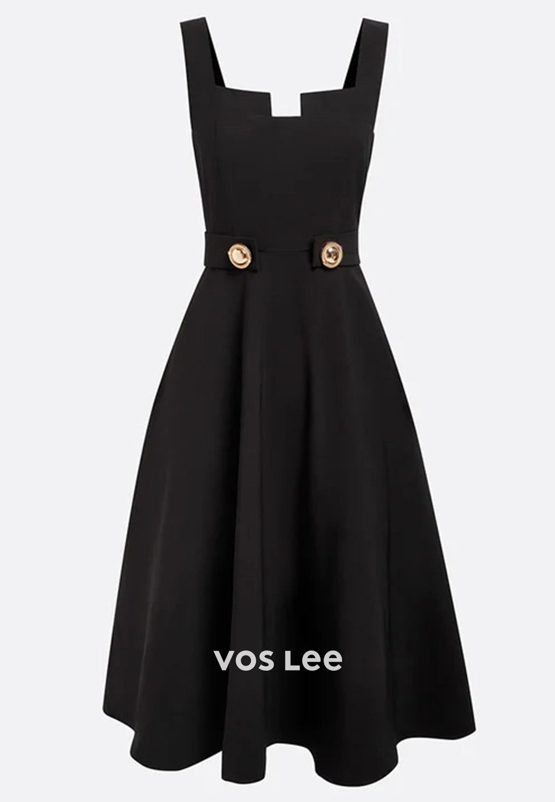 Luxurious Black A-Line Square Sleeveless Pleated Tea-Length Wedding Guest Dresses