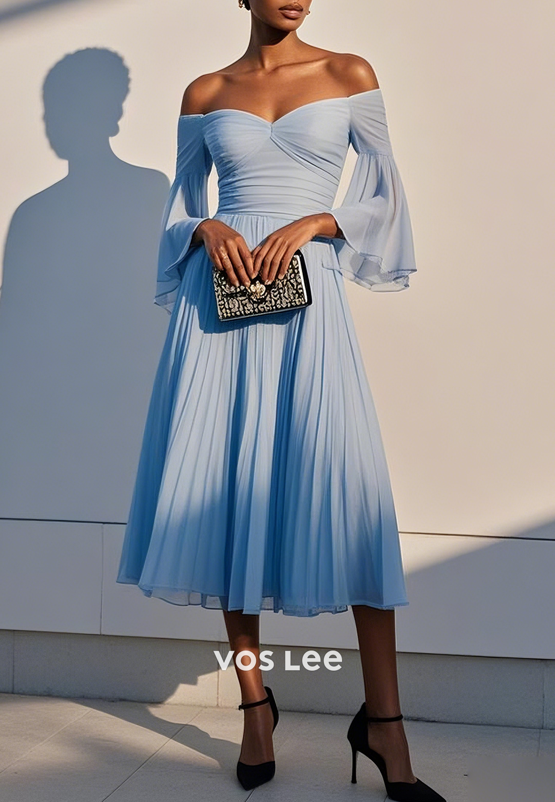 A-Line Sky Blue Bell Sleeves Off the Shoulder Pleated Long Wedding Guest Dresses