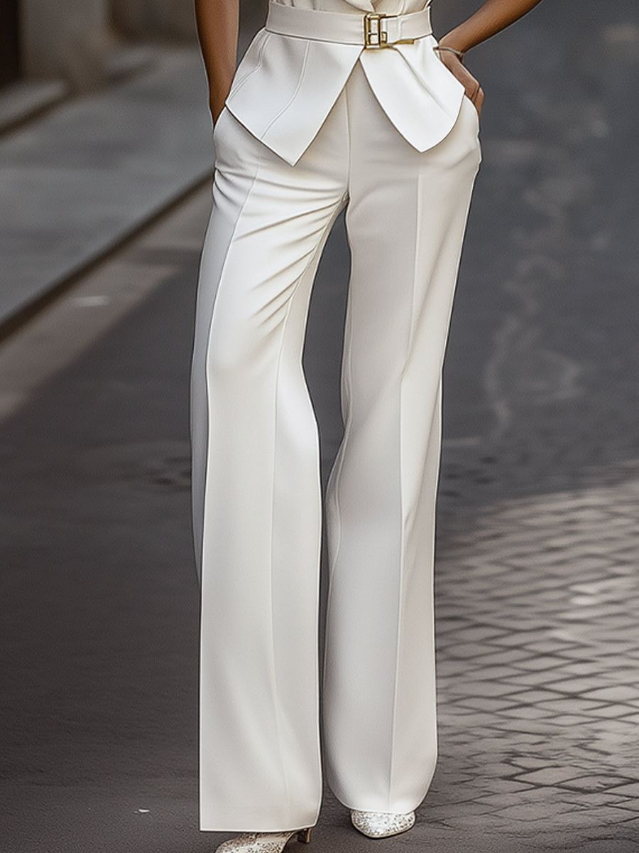 White Sleeveless Belted Pantsuit Set