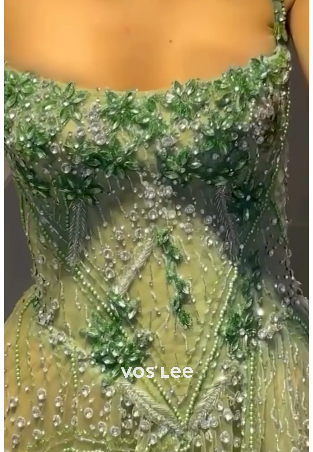 A-Line Spaghetti Straps Appliques Lace Rhinestone Square Prom Dresses with High Split