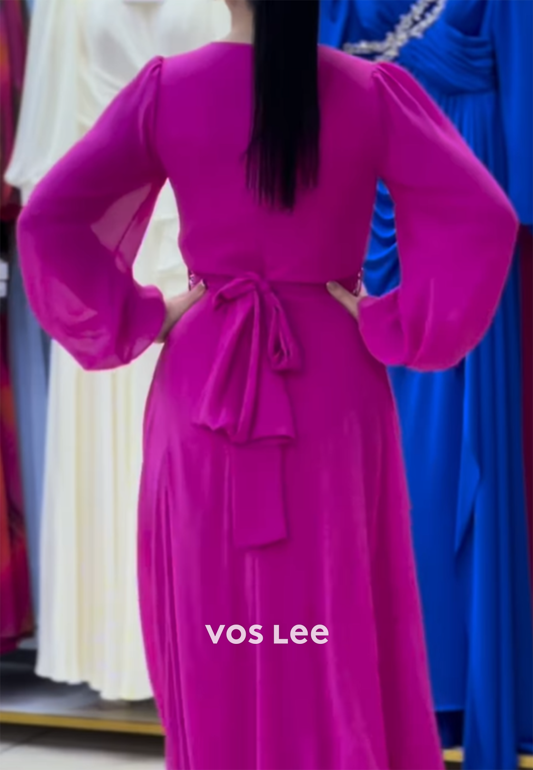 A-Line Long Sleeve Scoop Rhinestone Embellished Floor-Length Evening Dresses