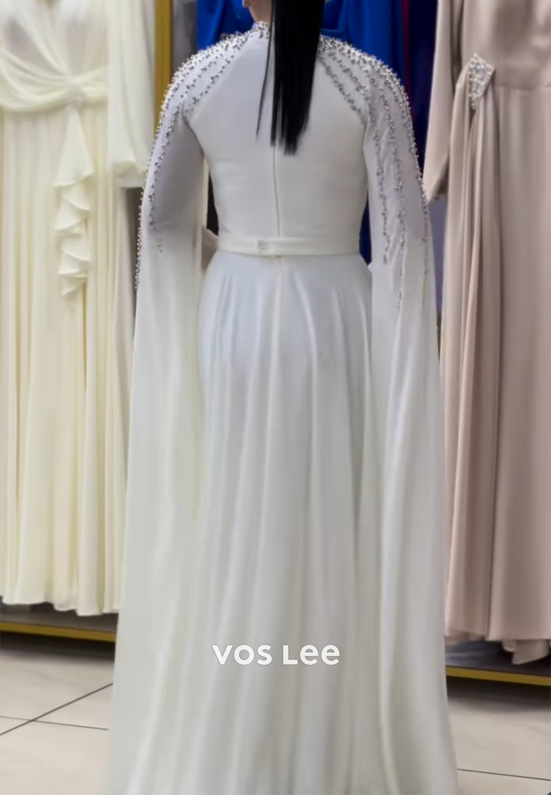 A-Line Long Sleeves High Neck Beaded Embellished Pleated Evening Dresses