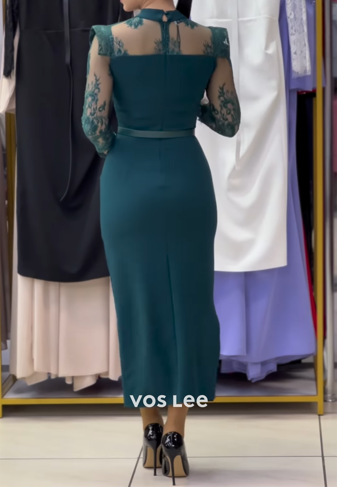 3/4 Sleeve Illusion Neck Appliqued Long Mermaid Evening Dresses with High Split