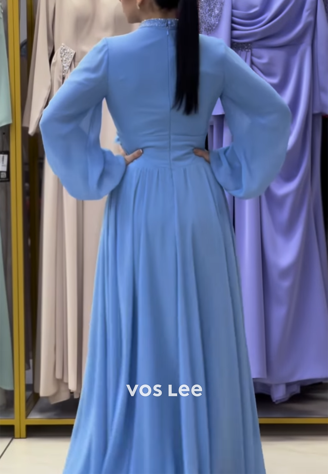 Simple A-Line Long Sleeve Scoop Flowers Floor-Length Pleated Evening Dresses
