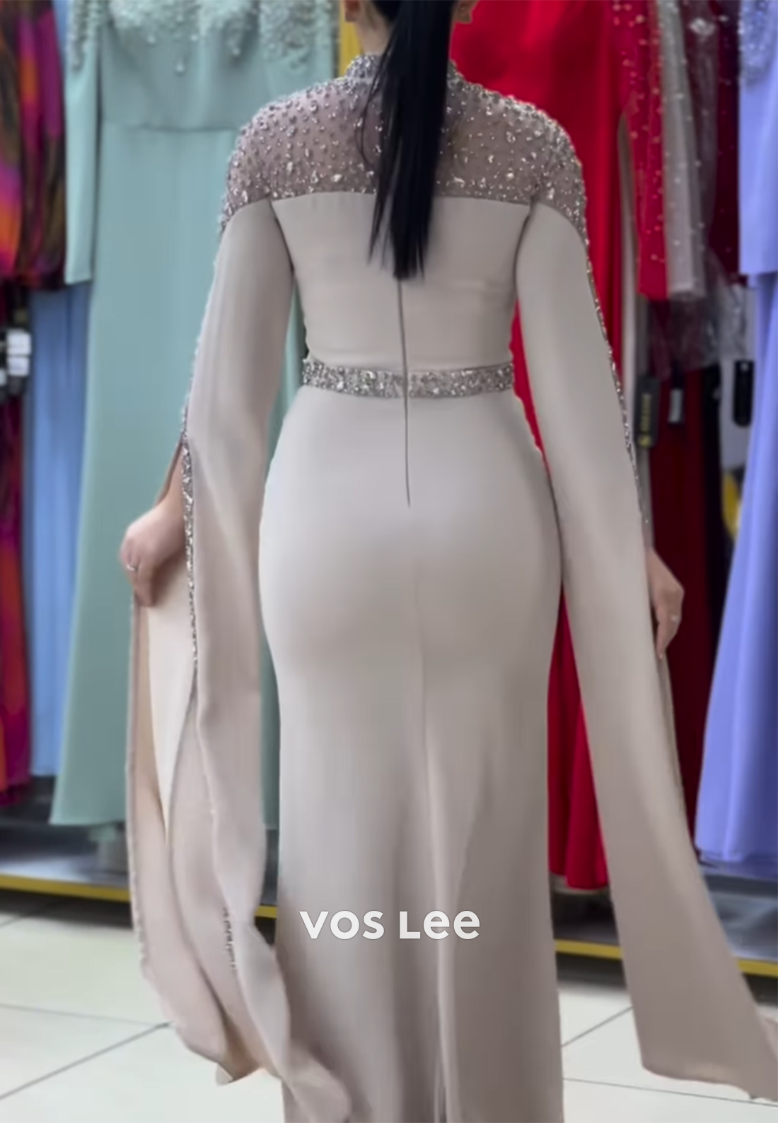 Long Sleeve Illusion Neck Rhinestone Embellished Floor-Length Mermaid Evening Dresses