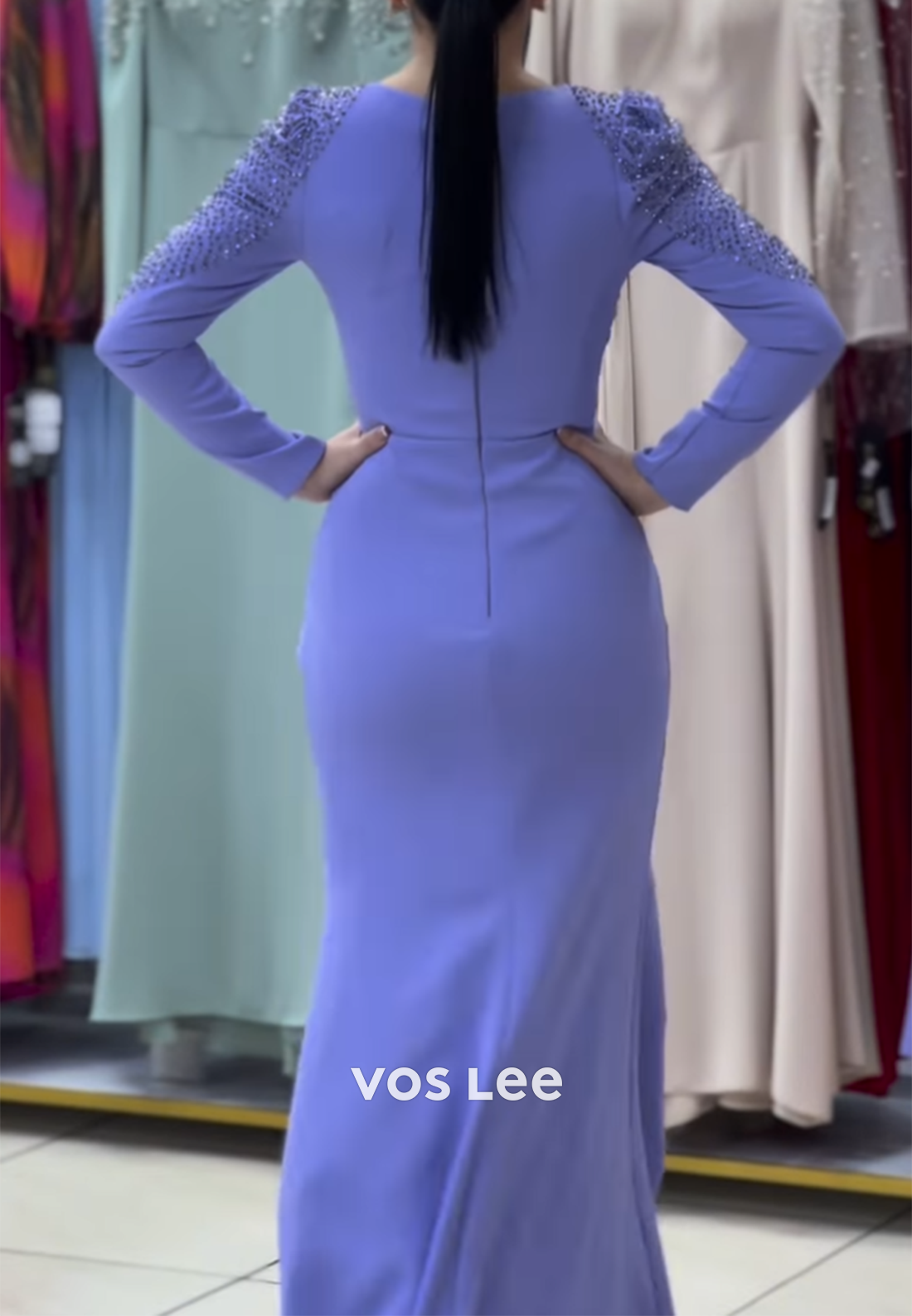 Long Sleeve Scoop Floor-Length Rhinestone Mermaid Evening Dresses with High Split