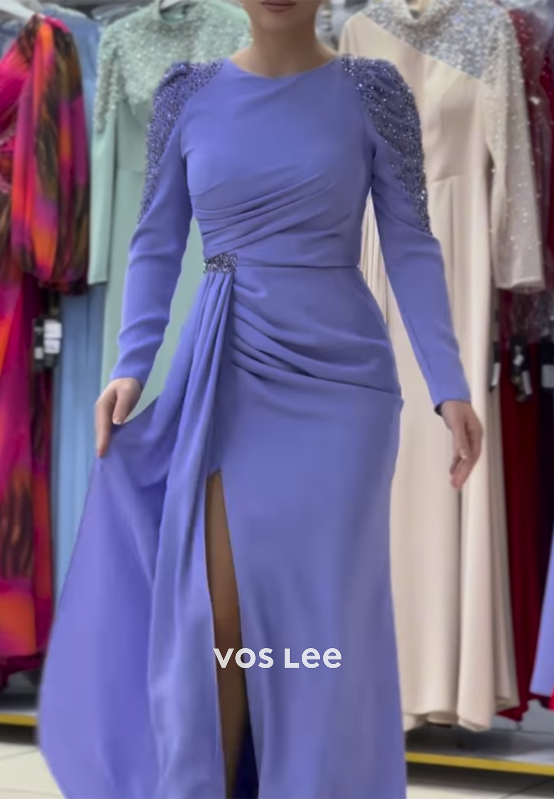 Long Sleeve Scoop Floor-Length Rhinestone Mermaid Evening Dresses with High Split