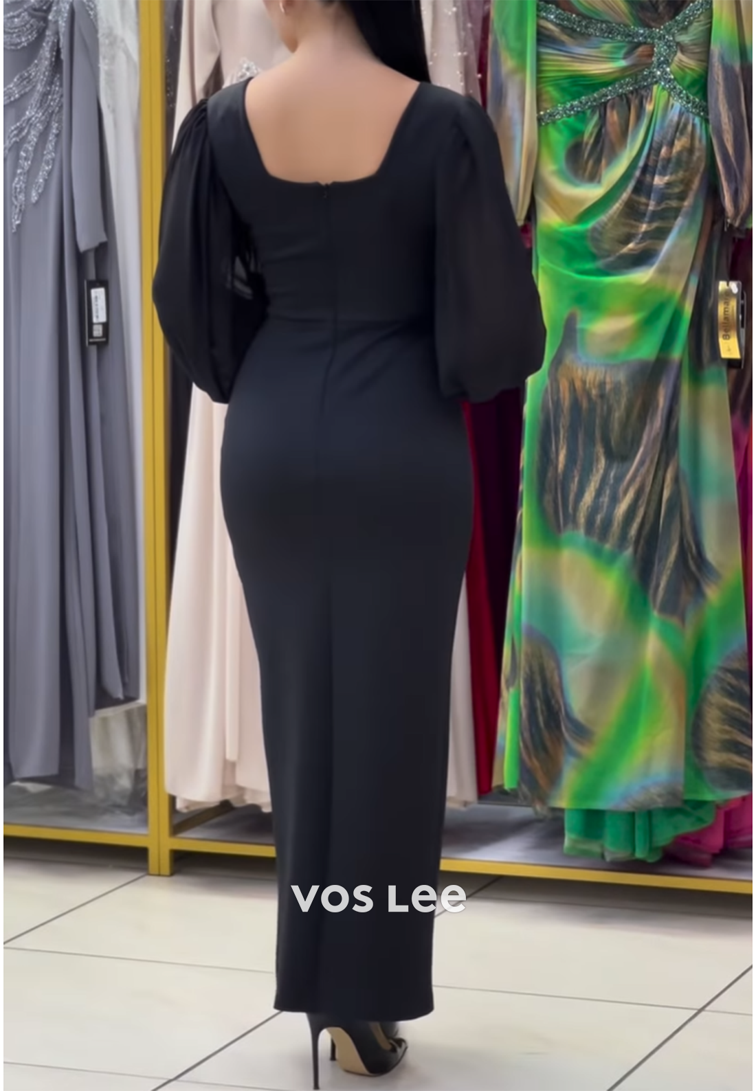 Long Sleeve Square Ankle-Length Pleated Mermaid Evening Dresses with Side Split