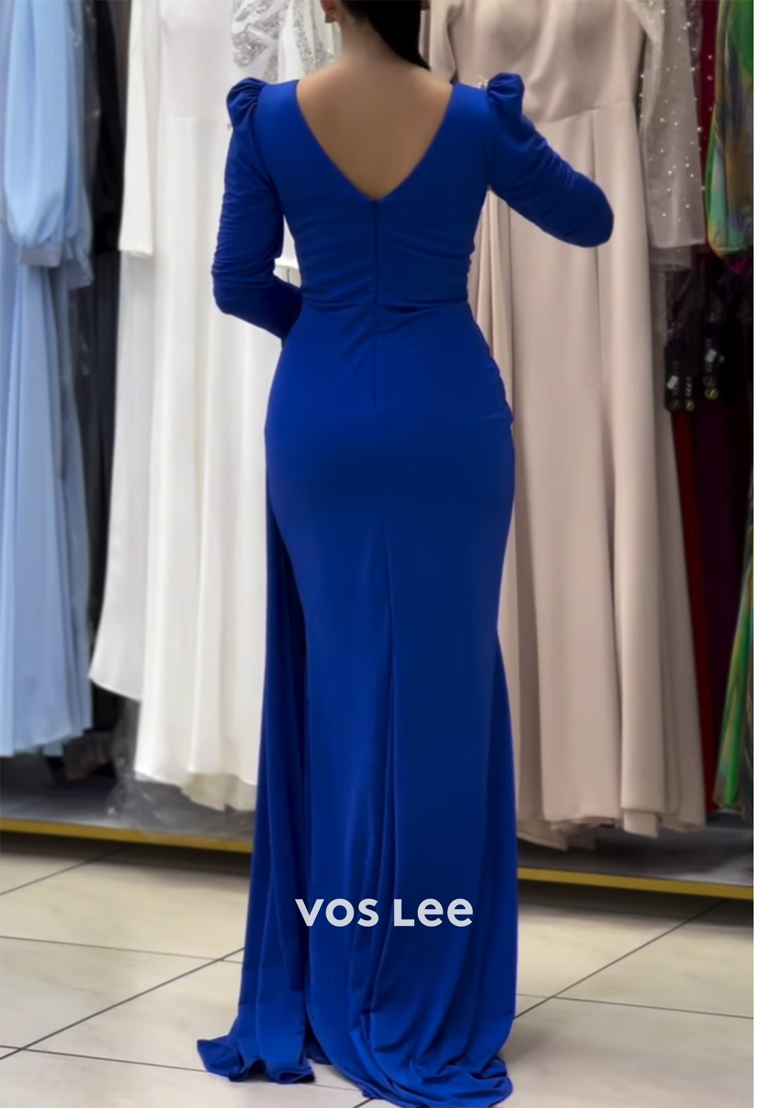 Royal Blue Long Sleeve Scoop Floor-Length Rhinestone Pleated Sheath Evening Dresses