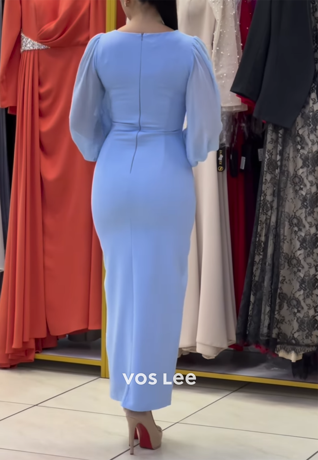 Long Sleeve Square Ankle-Length Mermaid Evening Dresses with Side Split