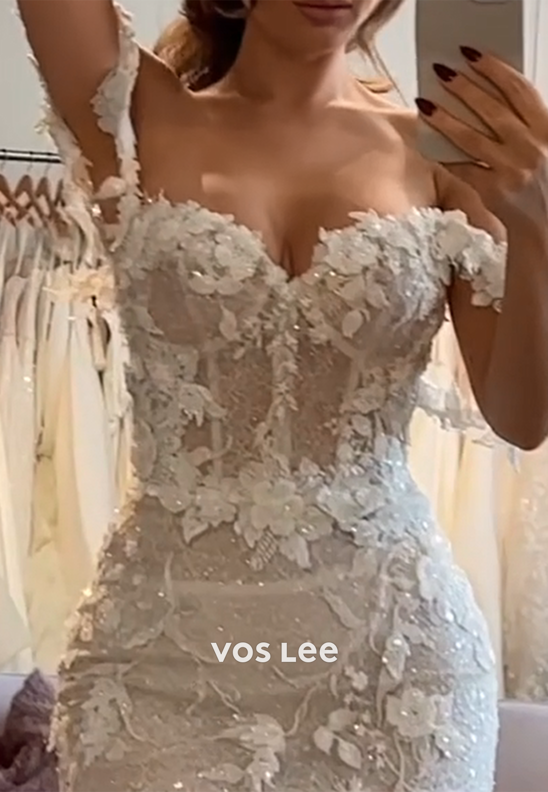 Spaghetti Straps Sweetheart Appliques Lace Trumpet Wedding Dresses with Sweep Train