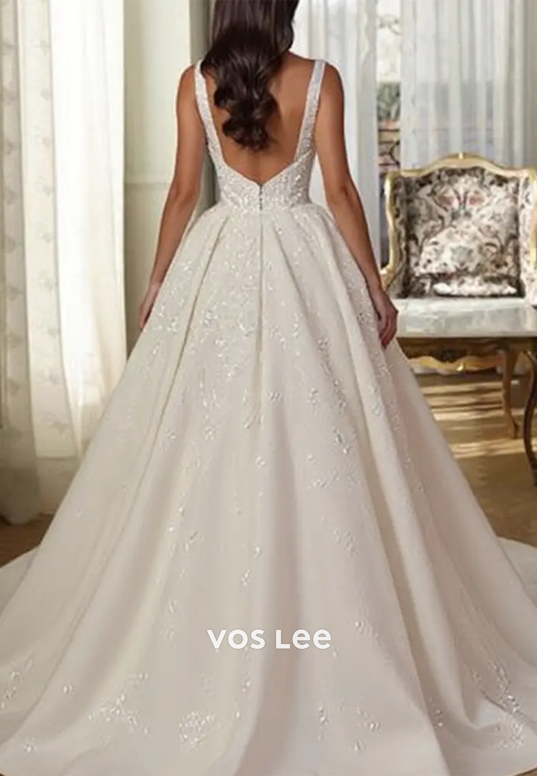 A-Line V Neck Sequins Beaded Embellished Wedding Dresses with High Split