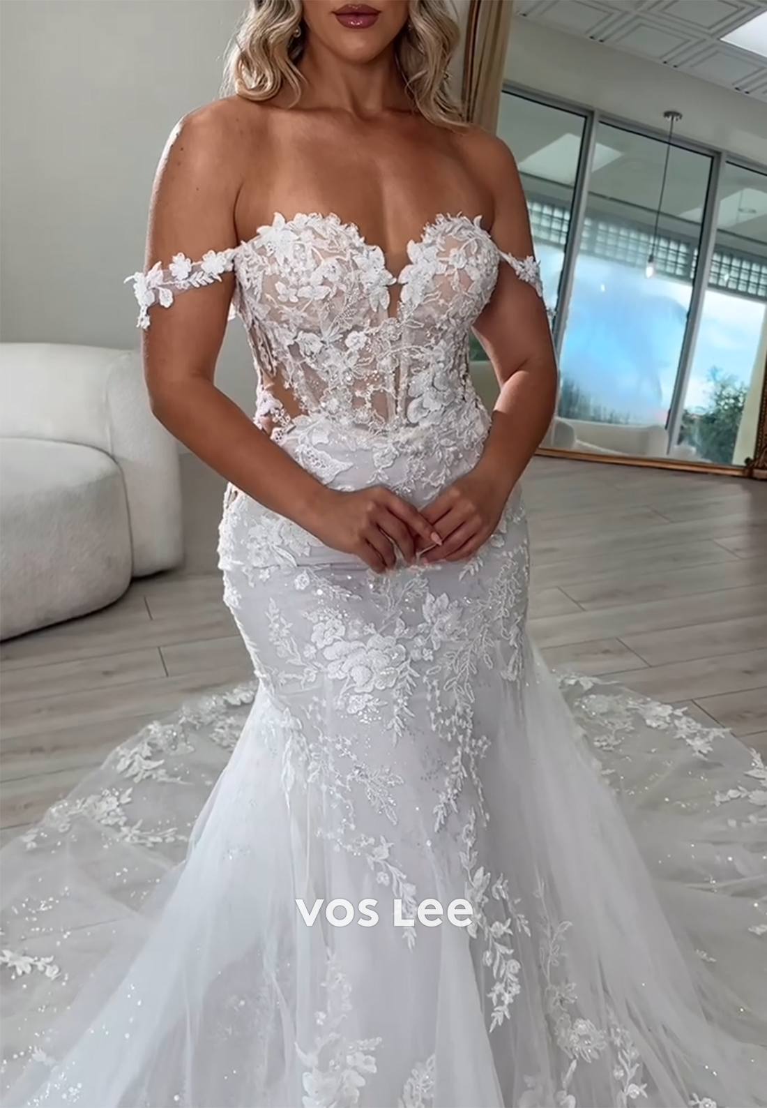 Couture Off the Shoulder Appliques Lace Mermaid Wedding Dresses with Sweep Train