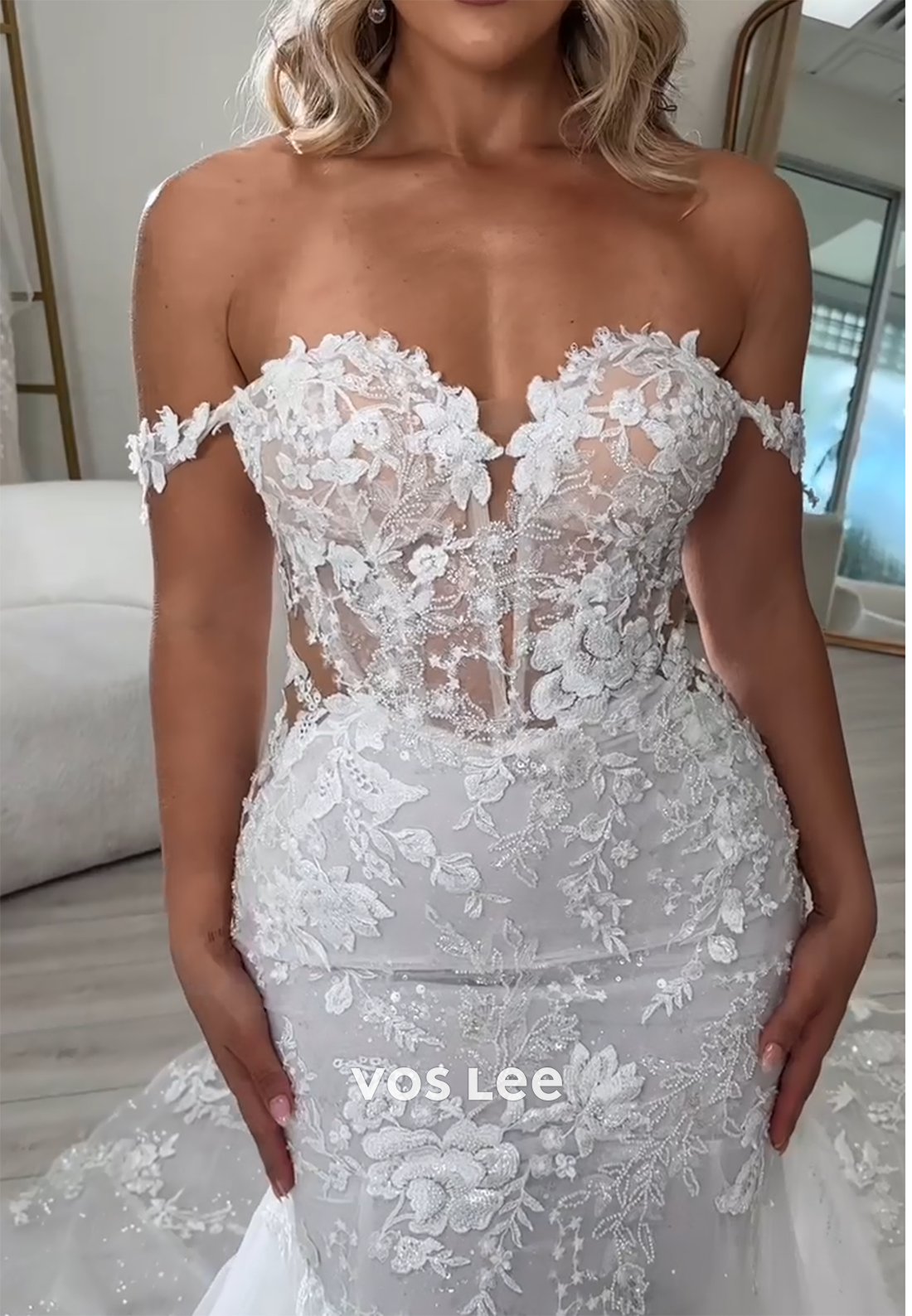 Couture Off the Shoulder Appliques Lace Mermaid Wedding Dresses with Sweep Train