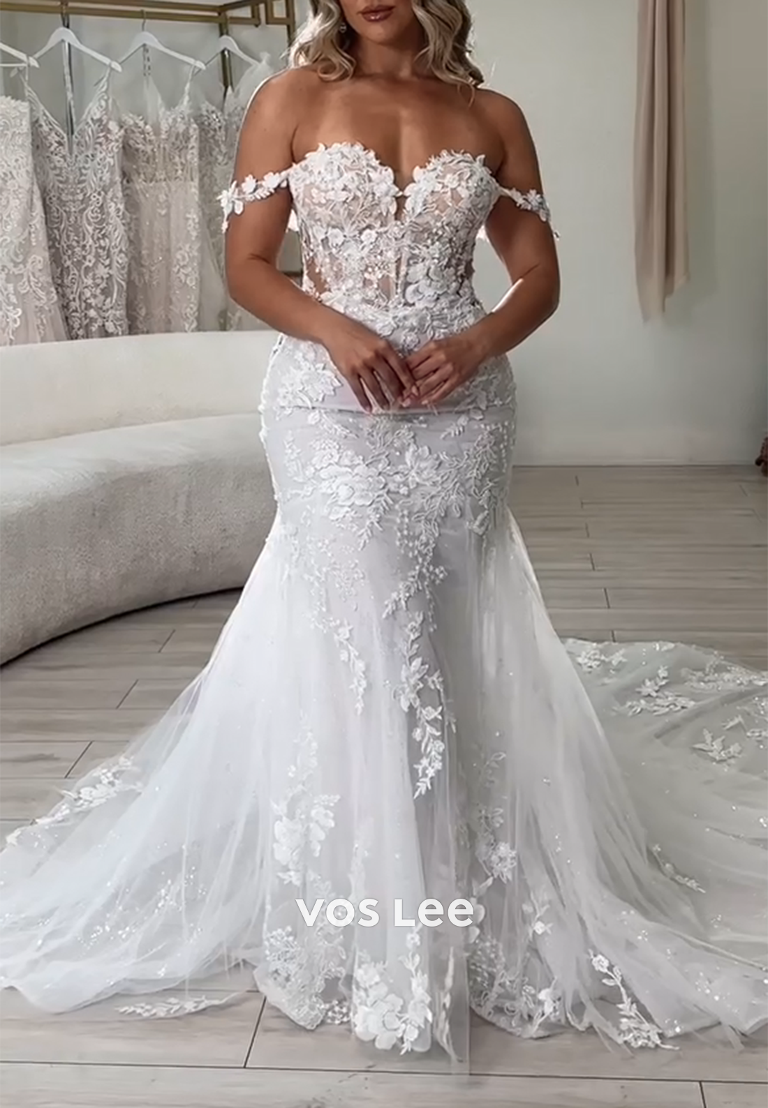 Couture Off the Shoulder Appliques Lace Mermaid Wedding Dresses with Sweep Train