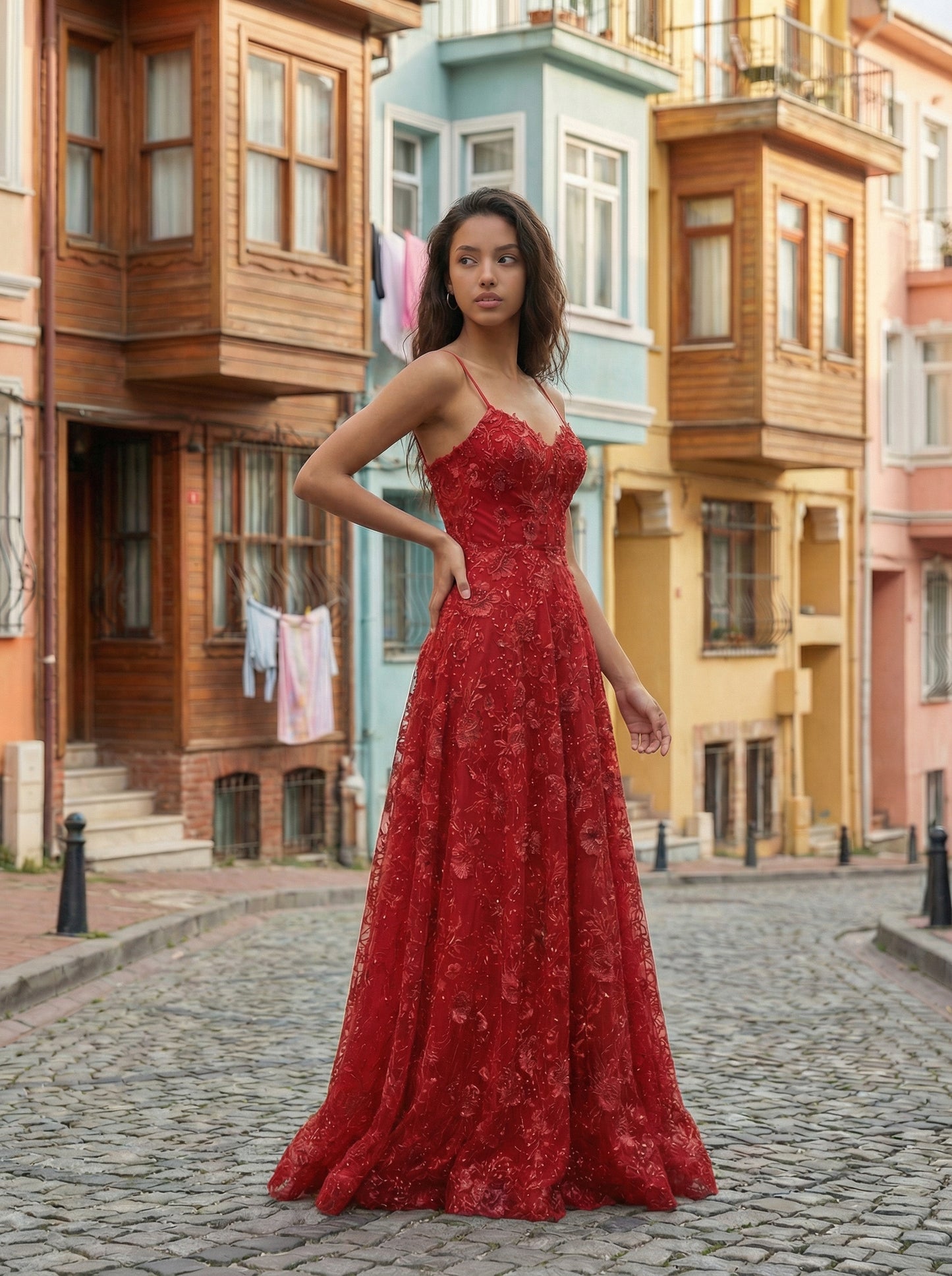 Red Spaghetti Strap Prom Gown | A-Line Floral Embroidery Evening Dress