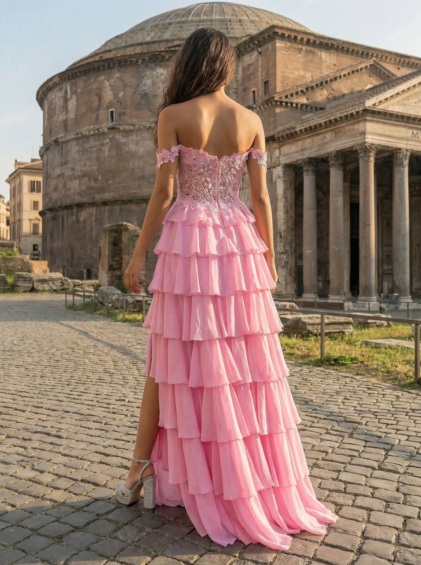 Pink Off-Shoulder Tiered Prom Dress | Lace Applique Ruffle Maxi Gown