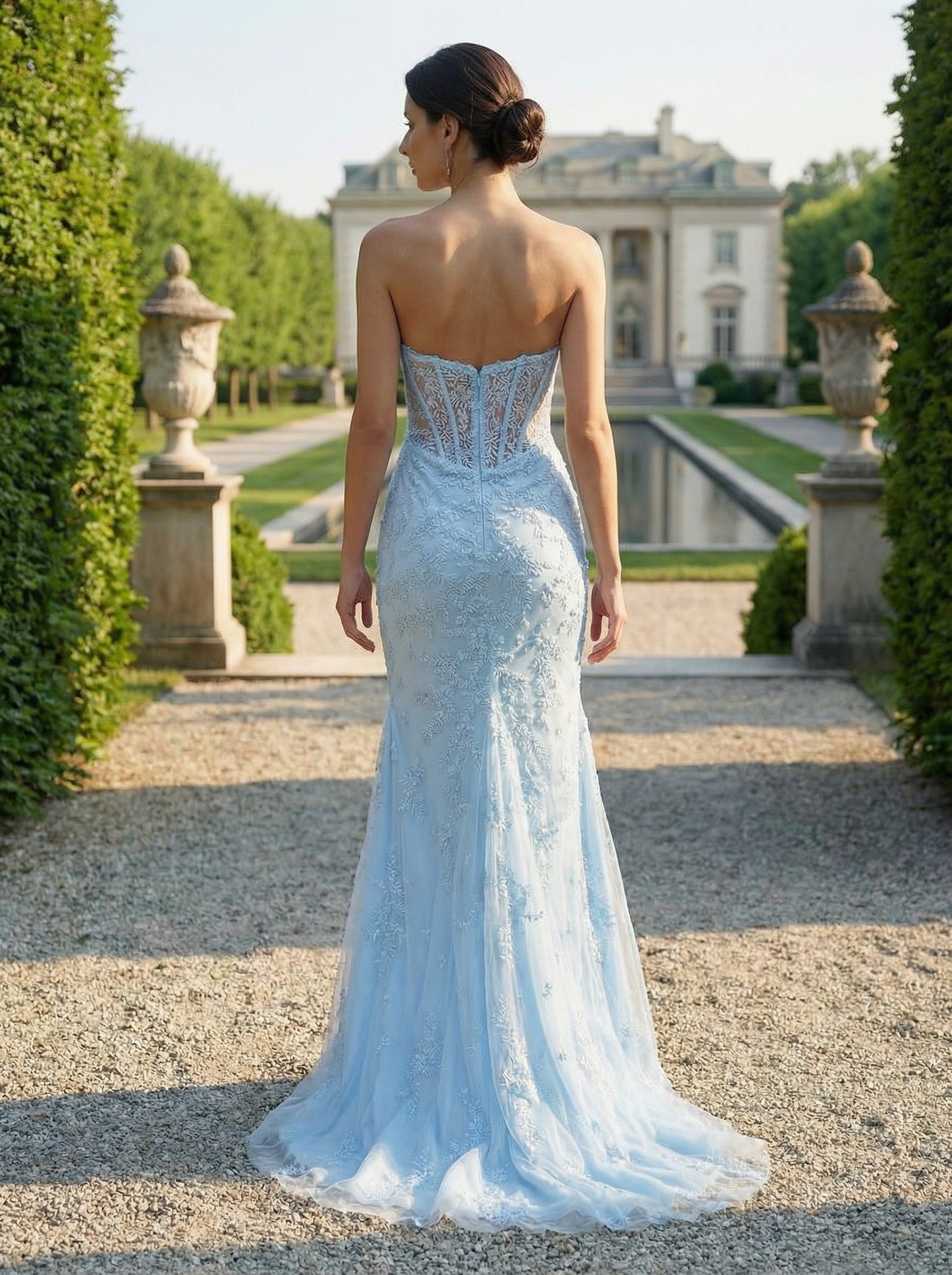 Sky Blue Strapless Mermaid Gown | Beaded Lace Prom Dress for Weddings & Galas