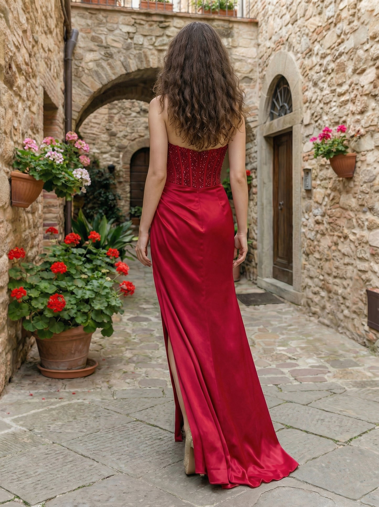 Slim Fit Red Satin Formal Dress | Crystals Sweetheart Neck Slit Prom Gown