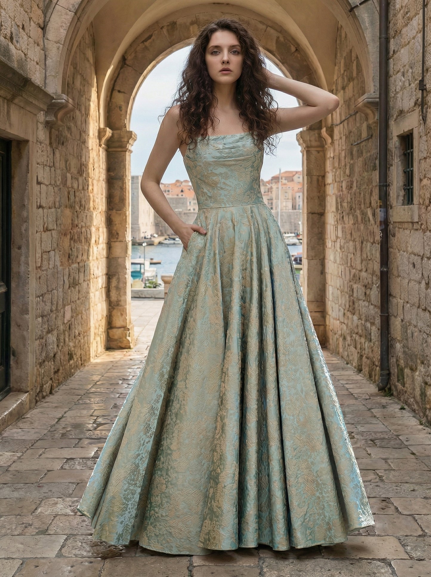 Strapless Mint Green Jacquard Ball Gown | Square Neck A-Line Prom Dress
