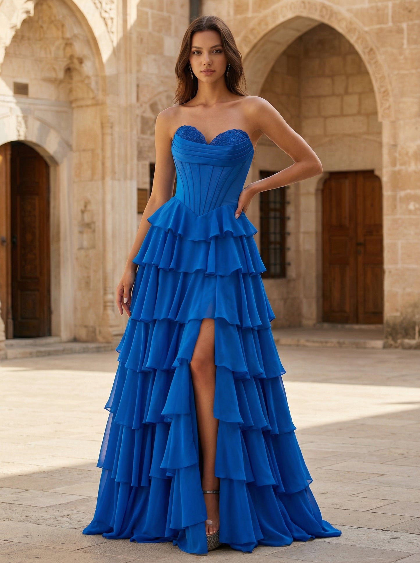 Royal Blue Strapless Tiered Prom Dress | Ruffled Chiffon Corset Evening Gown