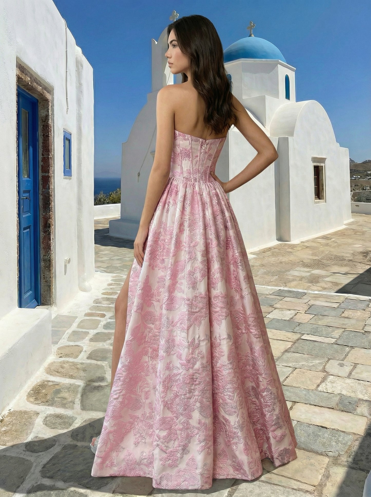 Pink Floral Jacquard Strapless Ball Gown | High Slit Formal Evening Dress