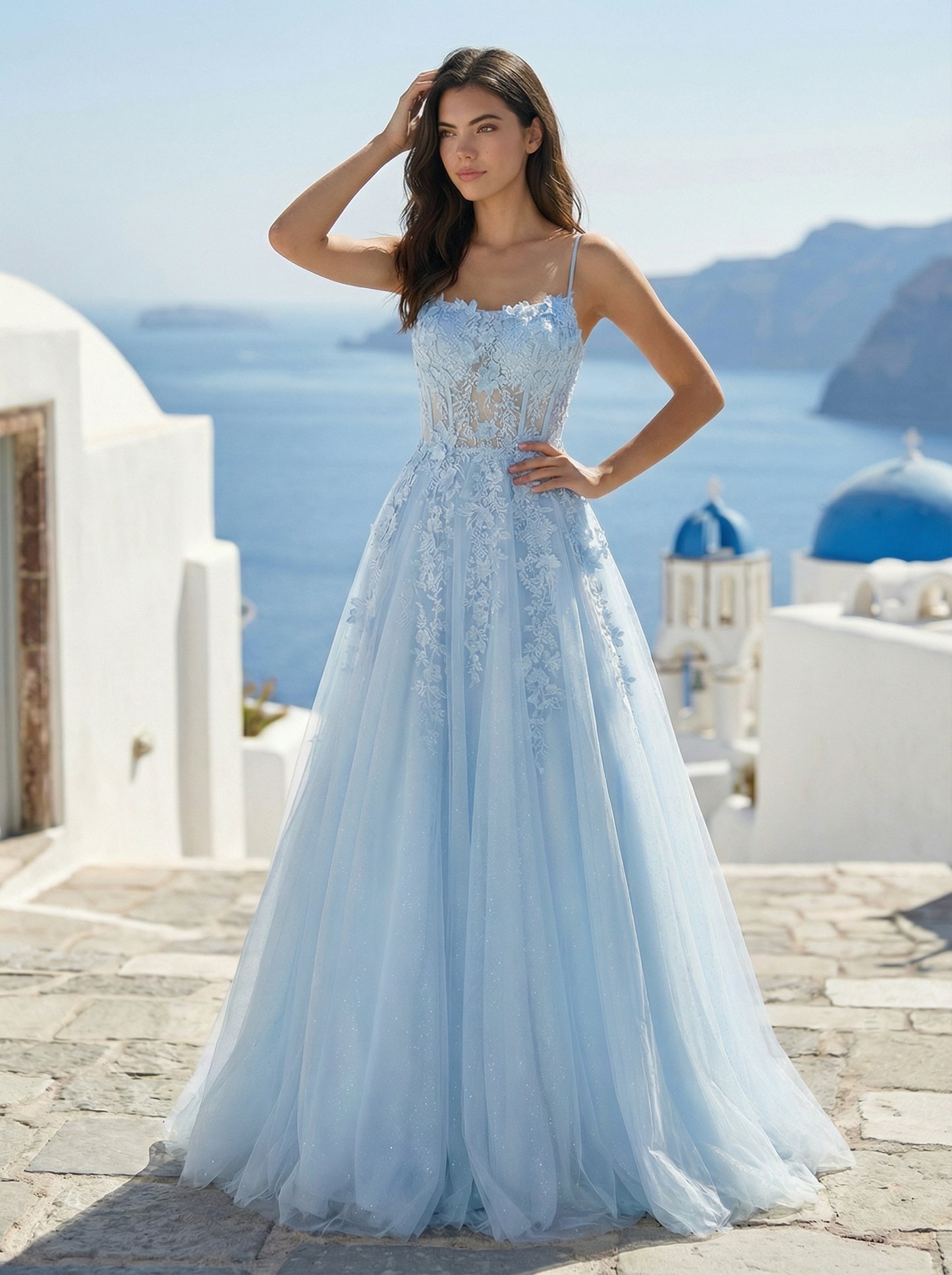 Elegant Light Blue Lace Prom Dress | Spaghetti Strap A-Line Ball Gown for Women