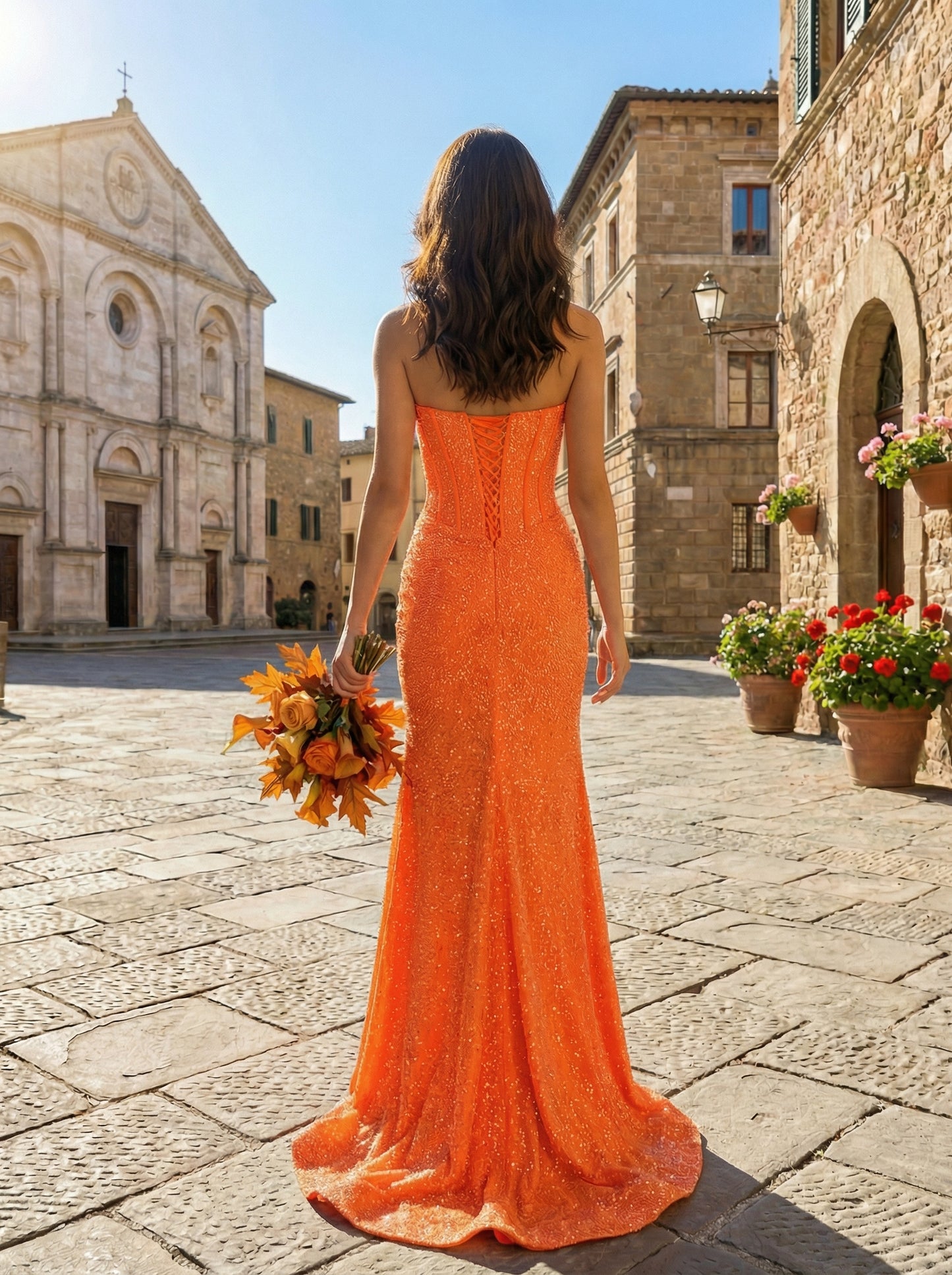 Orange Strapless Mermaid Prom Dress | Sparkly Beaded Corset Gown with High Slit and Train