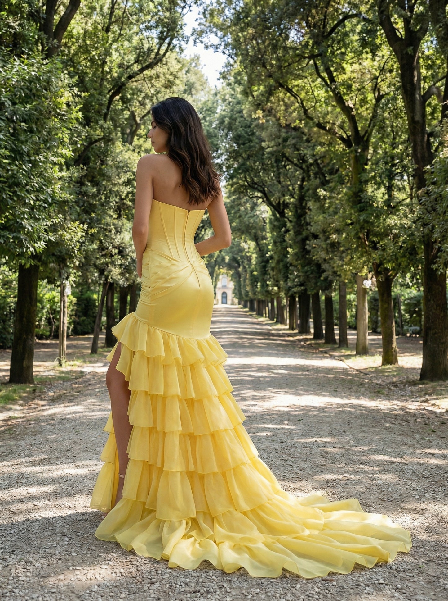 Yellow Strapless Mermaid Gown | Tiered Ruffle Prom Dress with Cutout Detail