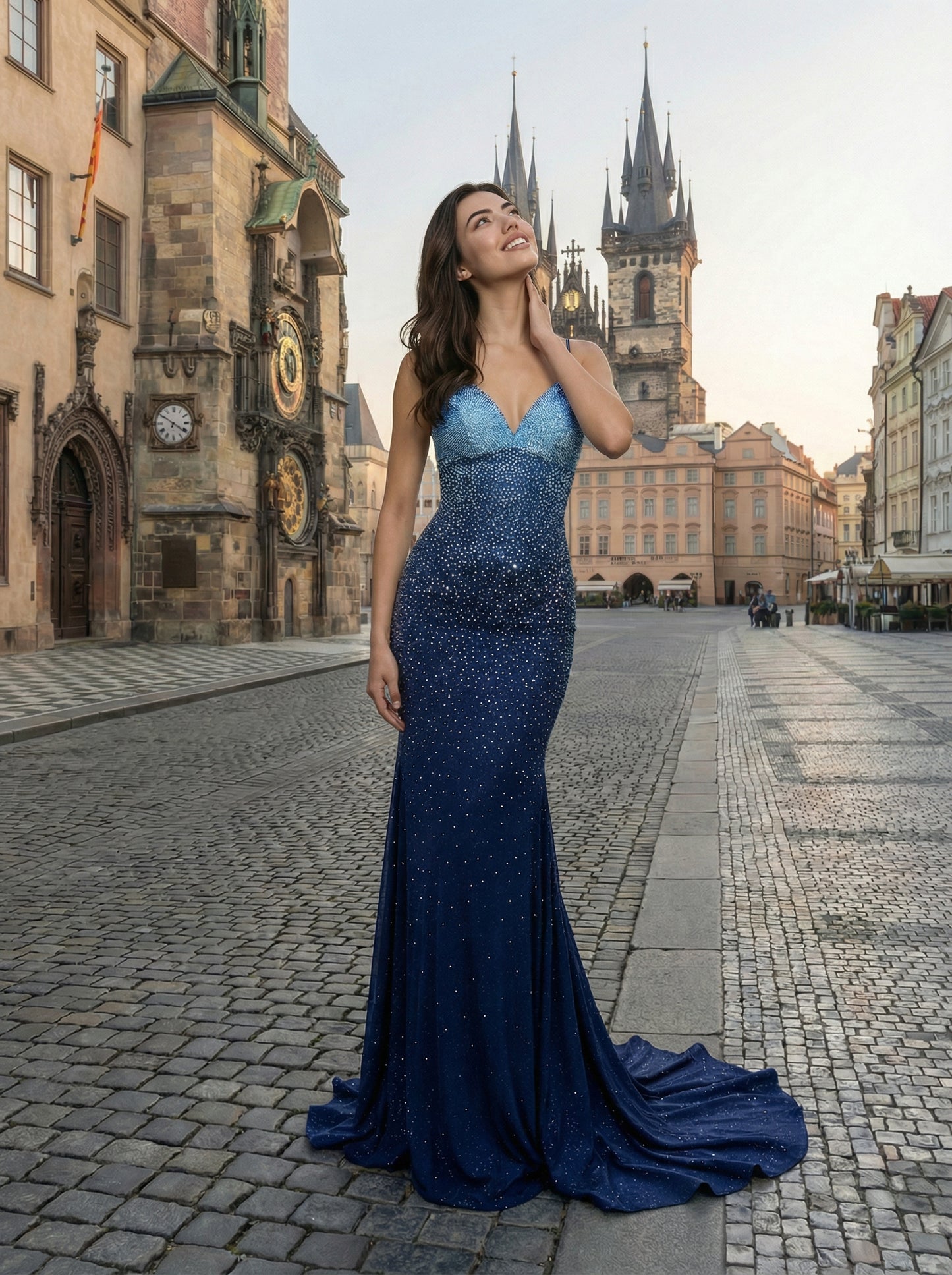 Ombre Blue Beaded Mermaid Gown | V-Neck Prom Dress with Court Train