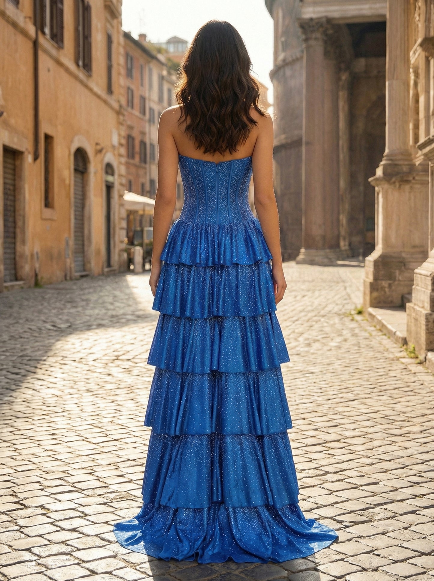 Royal Blue Strapless Tiered Prom Dress | Sparkly Ruffle Gown with High Slit