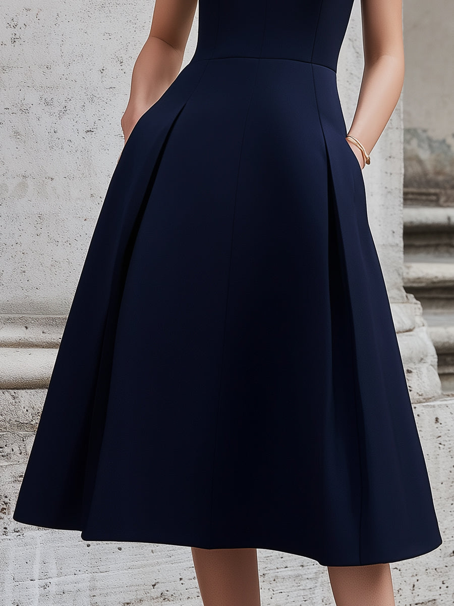 Elegant High-Neck Sleeveless A-Line Midi Dress