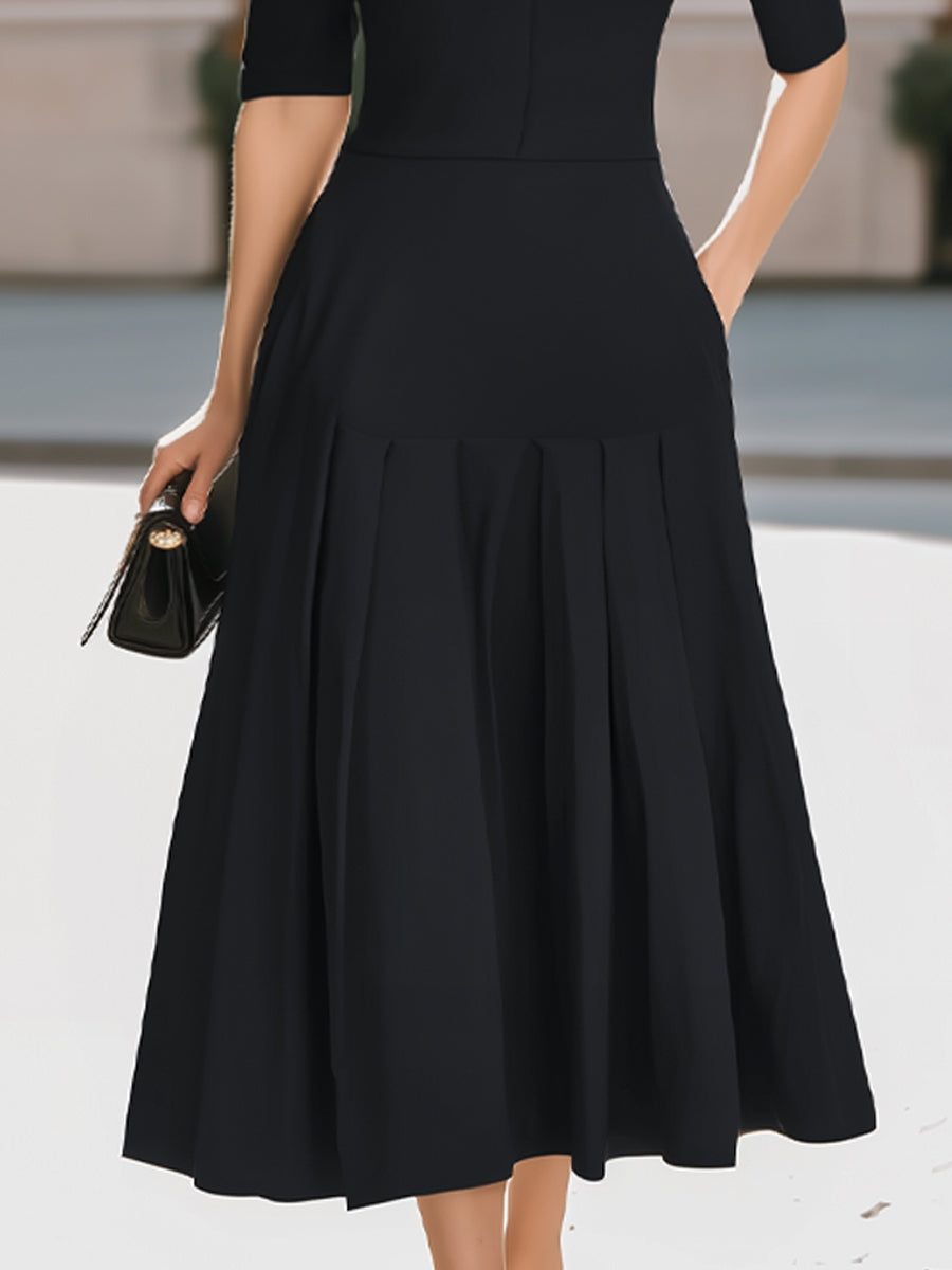 Black Shirt Collar V-Neck Pleated Midi Dress With Pockets