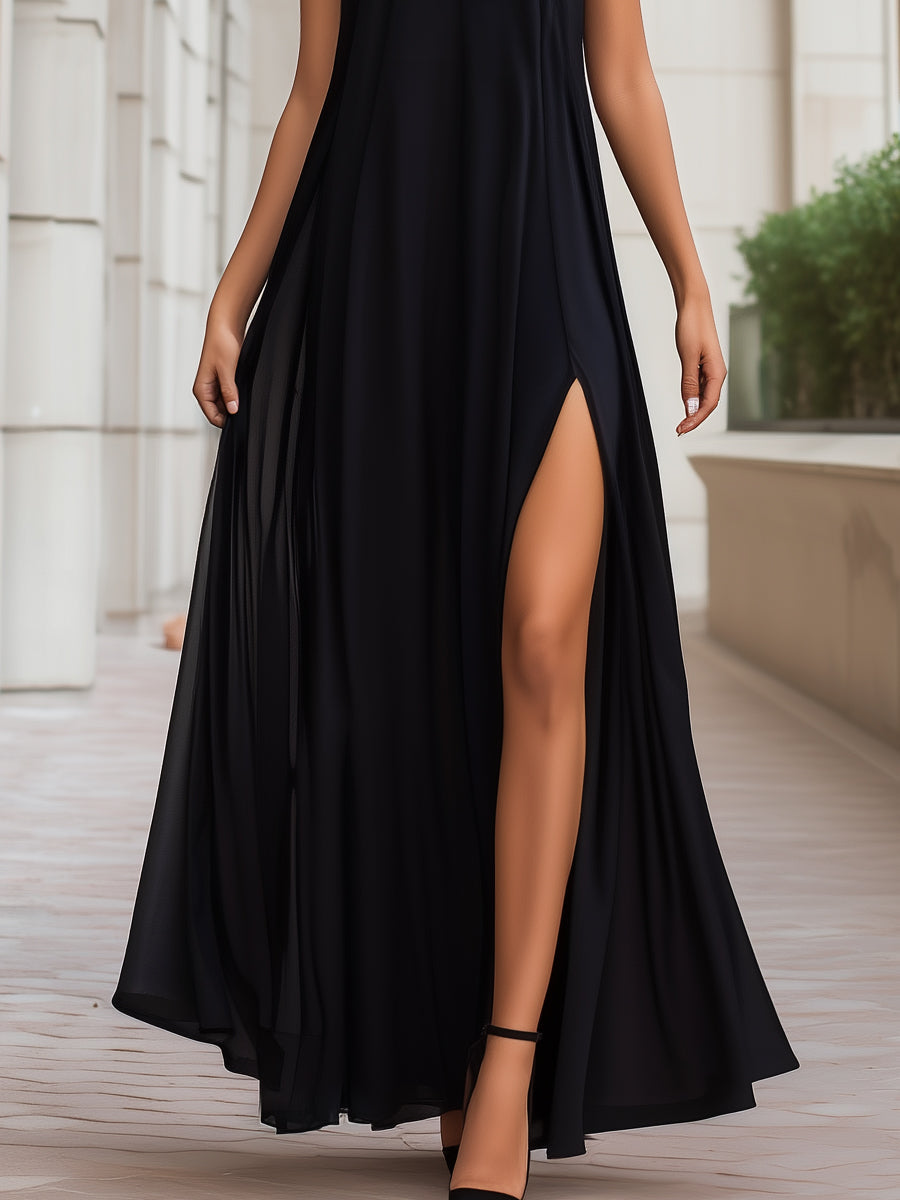Lace Yoke High-Neck Flowing Maxi Dress
