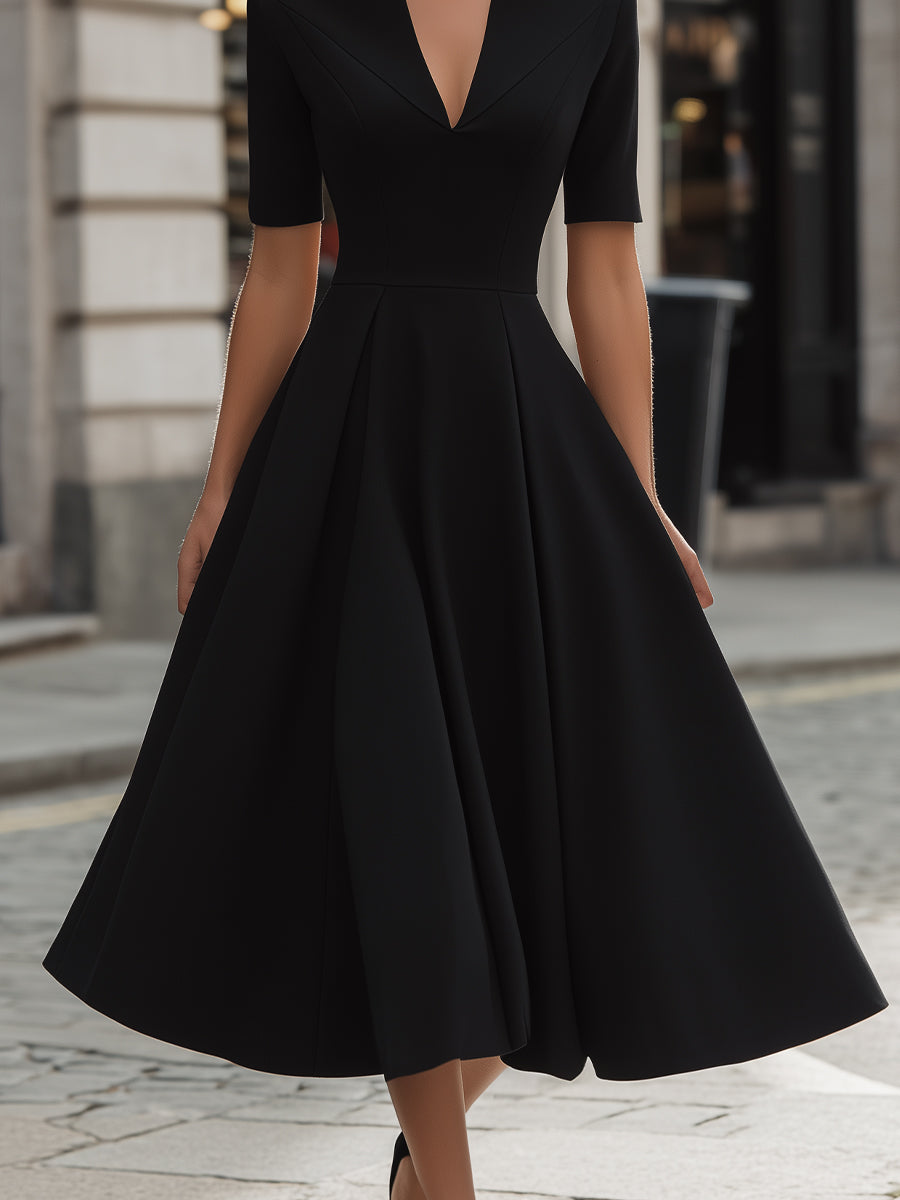 V-Neck Pleated A-Line Midi Dress