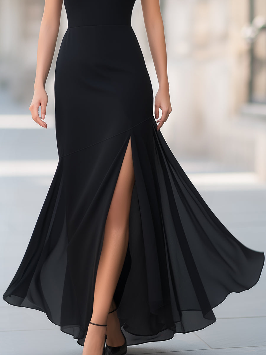 High-Neck Asymmetric Slit Flowing Maxi Dress