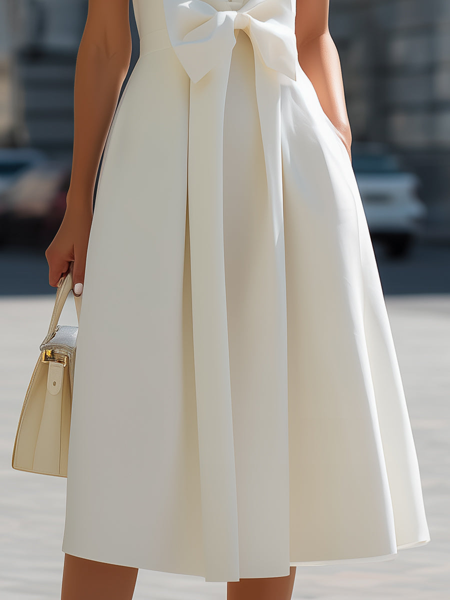 Sleeveless Shawl Lapel Bow Tie Waist Flared A-Line Midi Dress