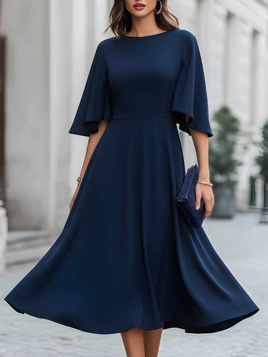 Elegant Cape Sleeve Flared A-Line Midi Dress