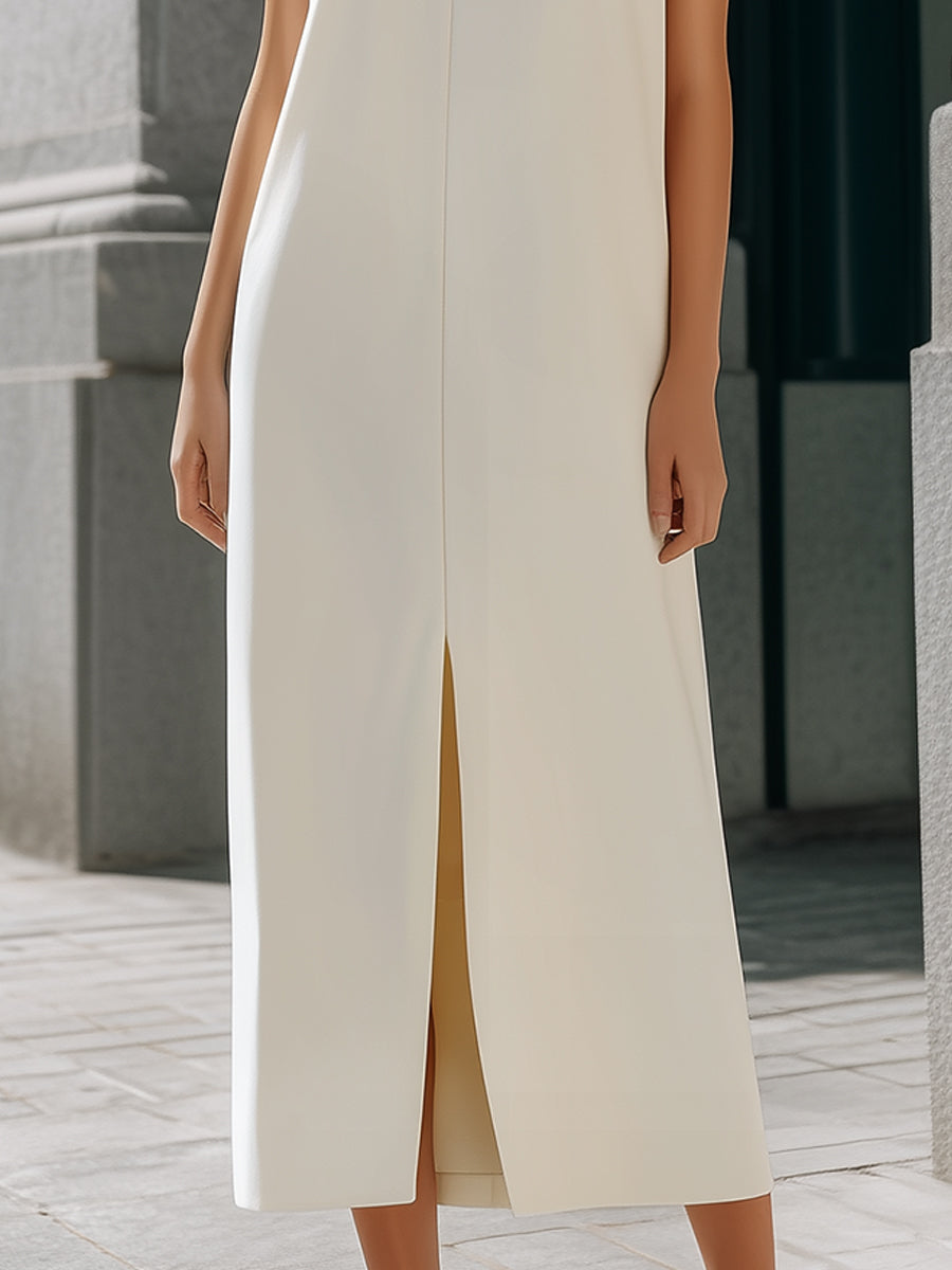 Sleeveless Round Neck Front Seam Slit Midi Shift Dress