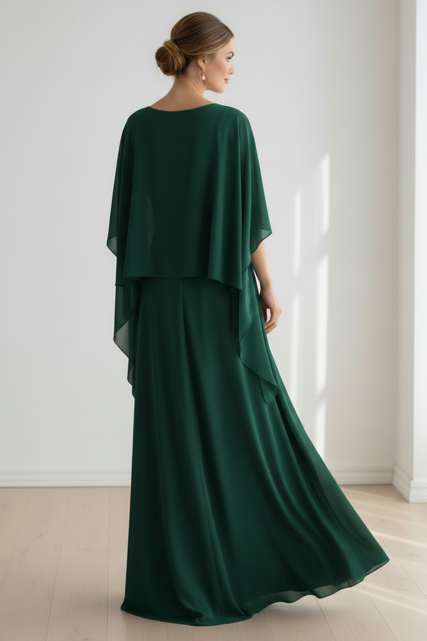 Cape Sleeve Chiffon Evening Gown with Floral Belt