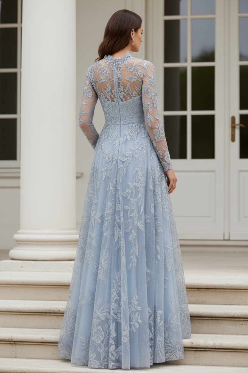 Embroidered Lace Long Sleeve A-Line Evening Gown