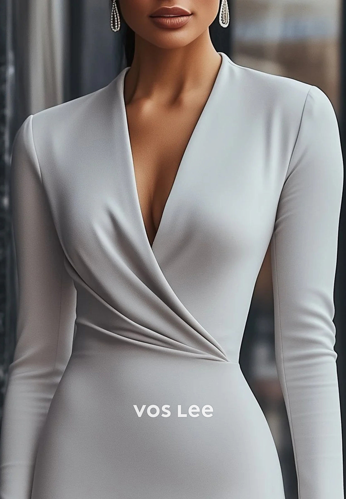 Long Sleeve V Neck Knee-Length Ruched Mermaid Wedding Guest Dresses