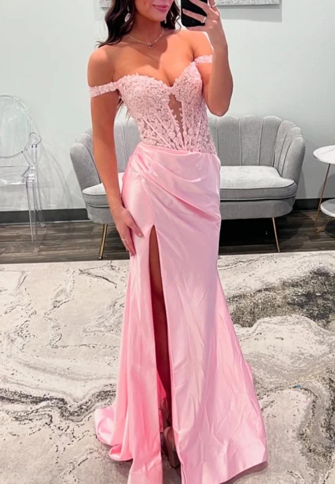 Off Shoulder Lace Appliques Ruched Pink Prom Dress with Slit Long Party Gown