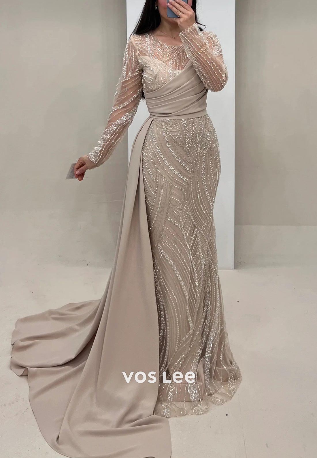 Long Sleeve Illusion Neck Fully Beading Sequins Mermaid Evening Dresses with Sweep Train