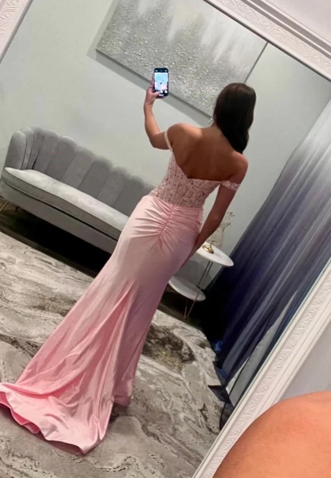 Off Shoulder Lace Appliques Ruched Pink Prom Dress with Slit Long Party Gown