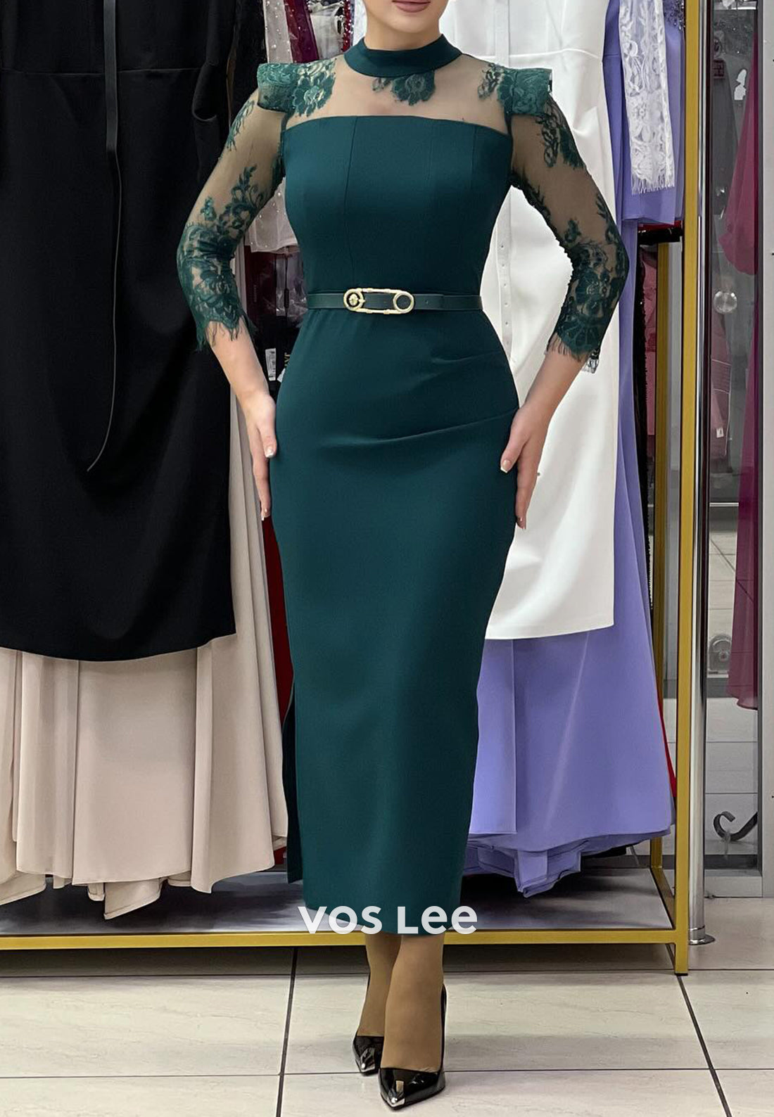 3/4 Sleeve Illusion Neck Appliqued Long Mermaid Evening Dresses with High Split