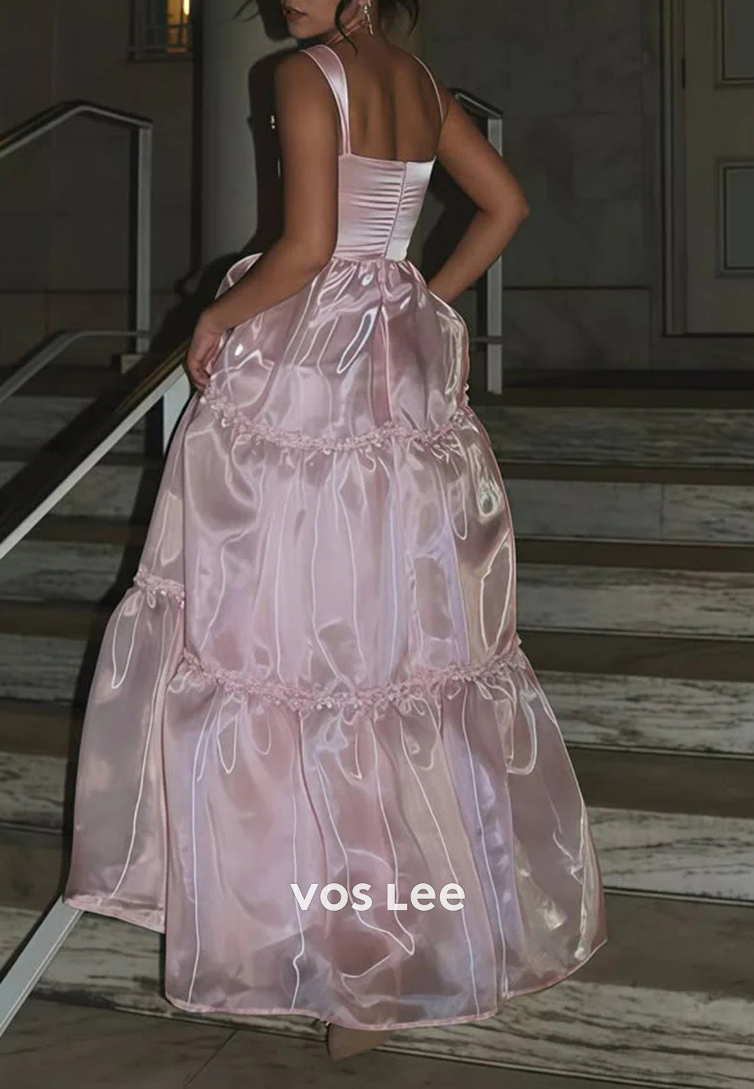 Sparkling & Simple Pink A-Line Scoop Prom Dresses Evening Dresses with Sweep Train