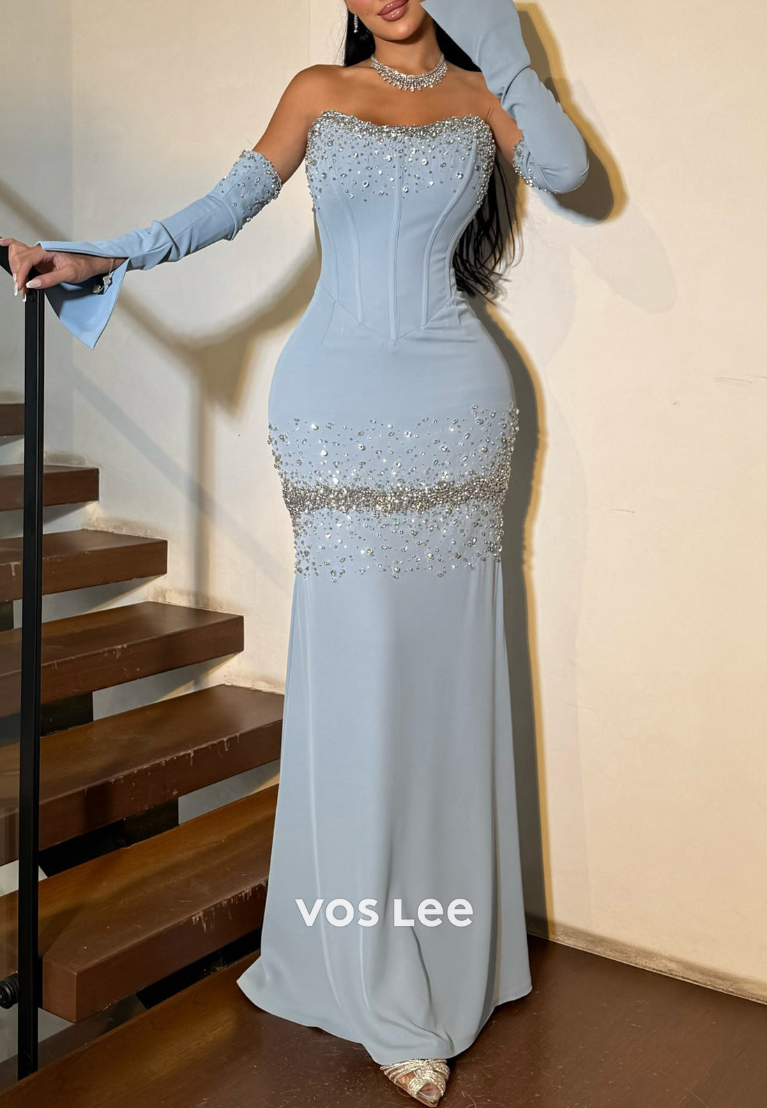 Long Sleeve Rhinestone Beaded Embellished Floor-Length Mermaid Evening Dresses