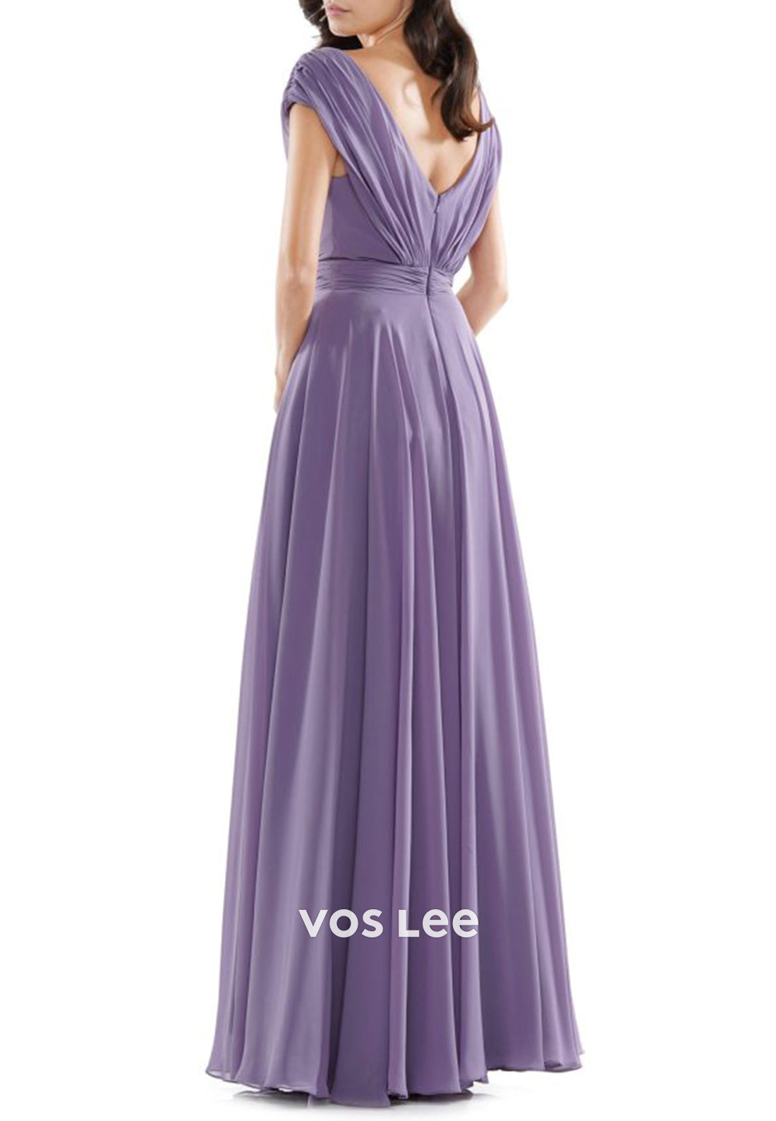 A-Line Cap Sleeves V Neck Pleated Mother of Bride Dresses with High Split
